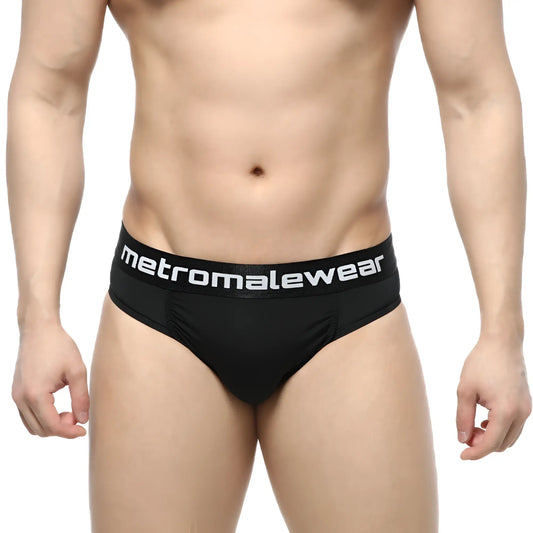 Black metromalewear dolce briefs with white logo waistband designed for comfortable everyday wear