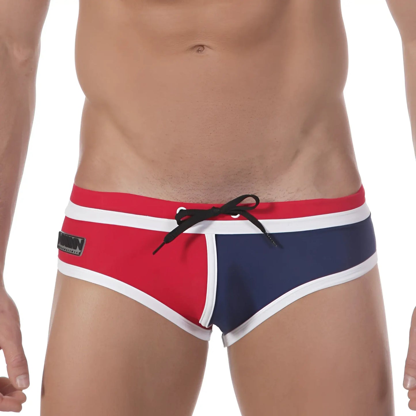 MetroMalewear double band swim brief navy features red and navy blue fabric with white trim and black drawstring for swimming