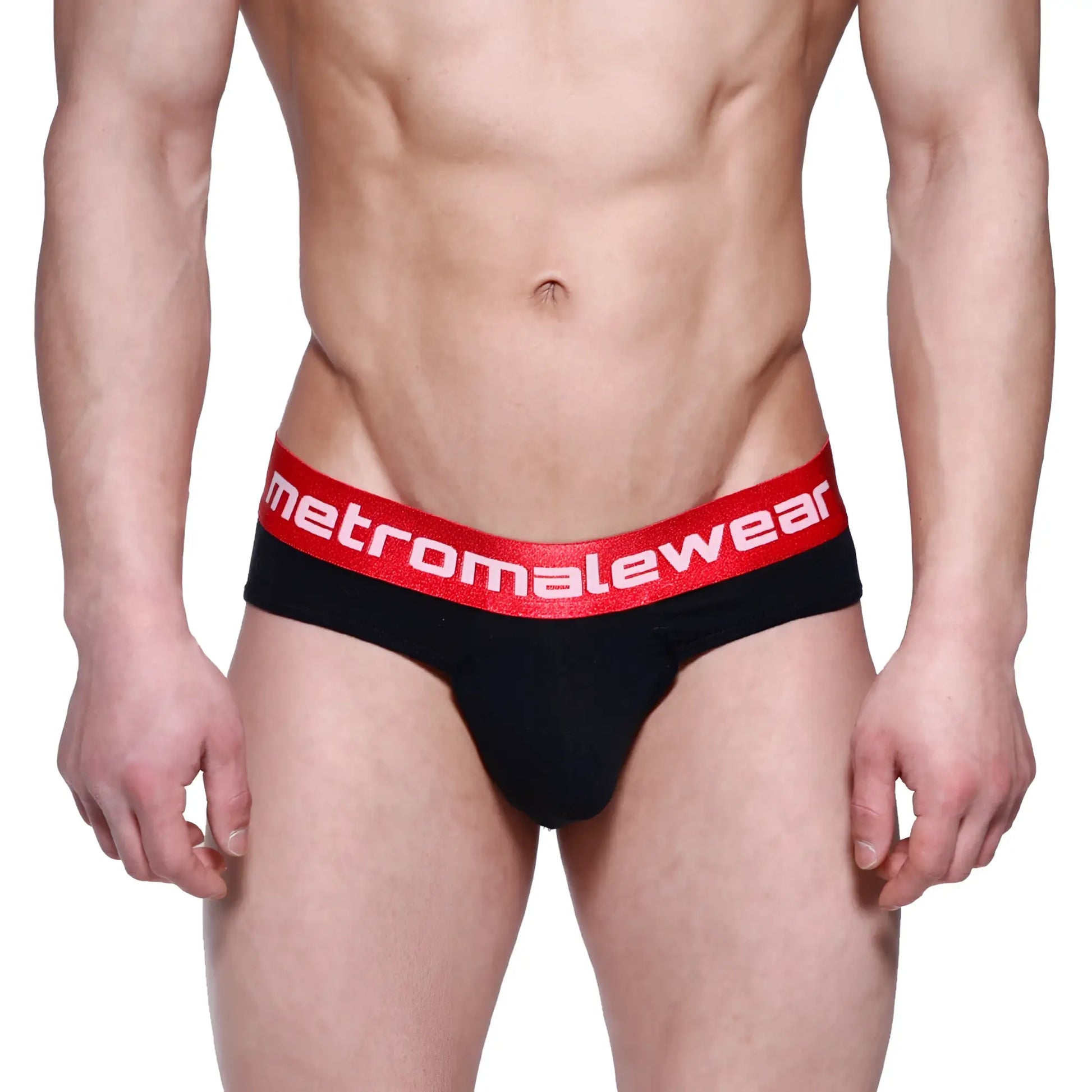 Black briefs with red elastic waistband featuring metromalewear logo designed for comfort and style metroMaleWear downhole brief