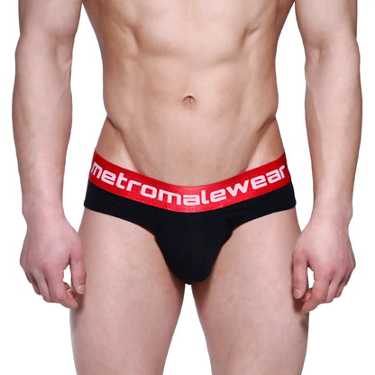Black briefs with red elastic waistband featuring metromalewear logo designed for comfort and style metroMaleWear downhole brief