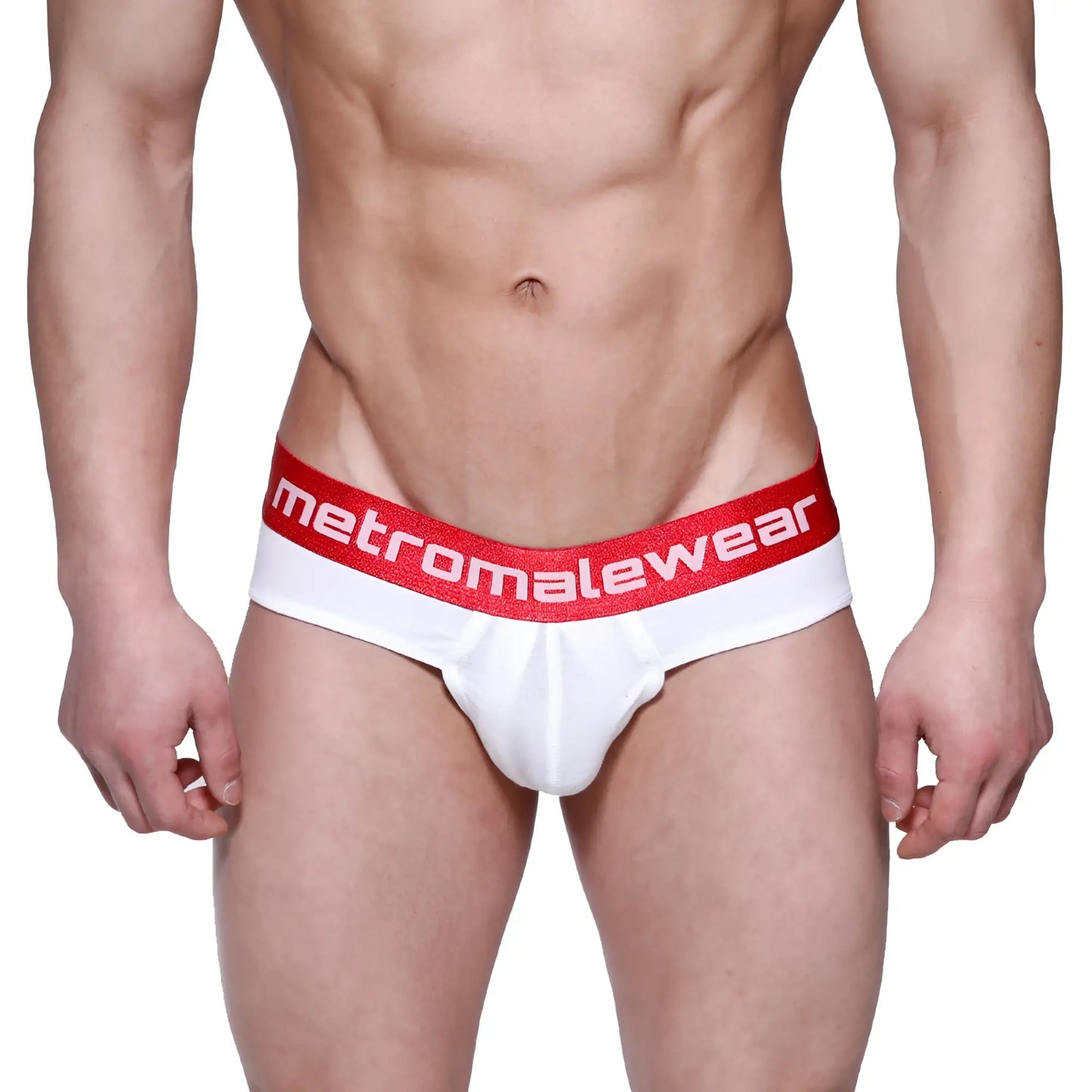 White briefs with a red waistband featuring the metromalewear logo in white lettering metro malewear downhole brief 3029-00