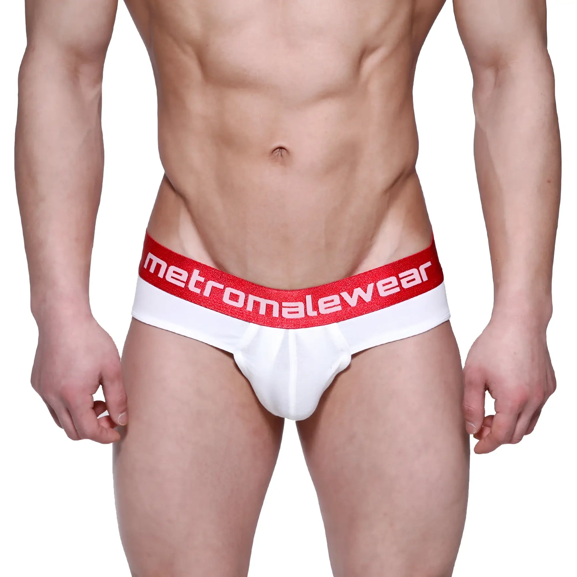 White briefs with a red waistband featuring the metromalewear logo in white lettering metro malewear downhole brief 3029-00