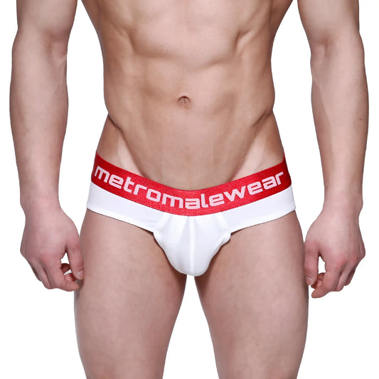 White briefs with a red waistband featuring the metromalewear logo in white lettering metro malewear downhole brief 3029-00