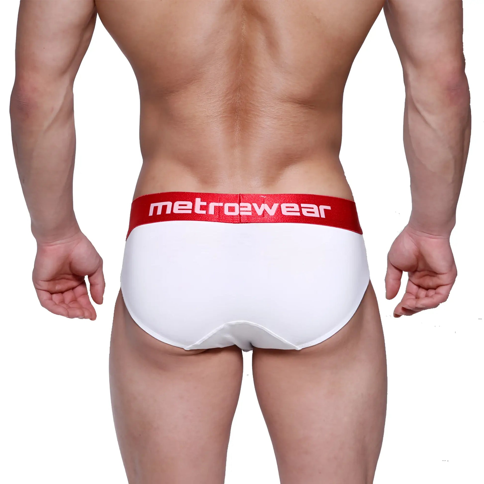 White briefs with a red waistband featuring the metro2wear logo from metromalewear downhole brief white 3029-00