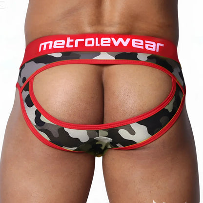 Metro male wear drake jock brief red with red and black camouflage pattern and bold red waistband in front view