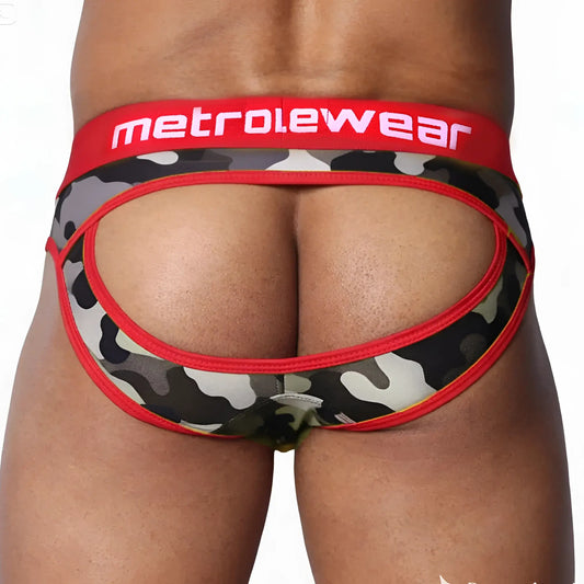 Metro male wear drake jock brief red with red and black camouflage pattern and bold red waistband in front view