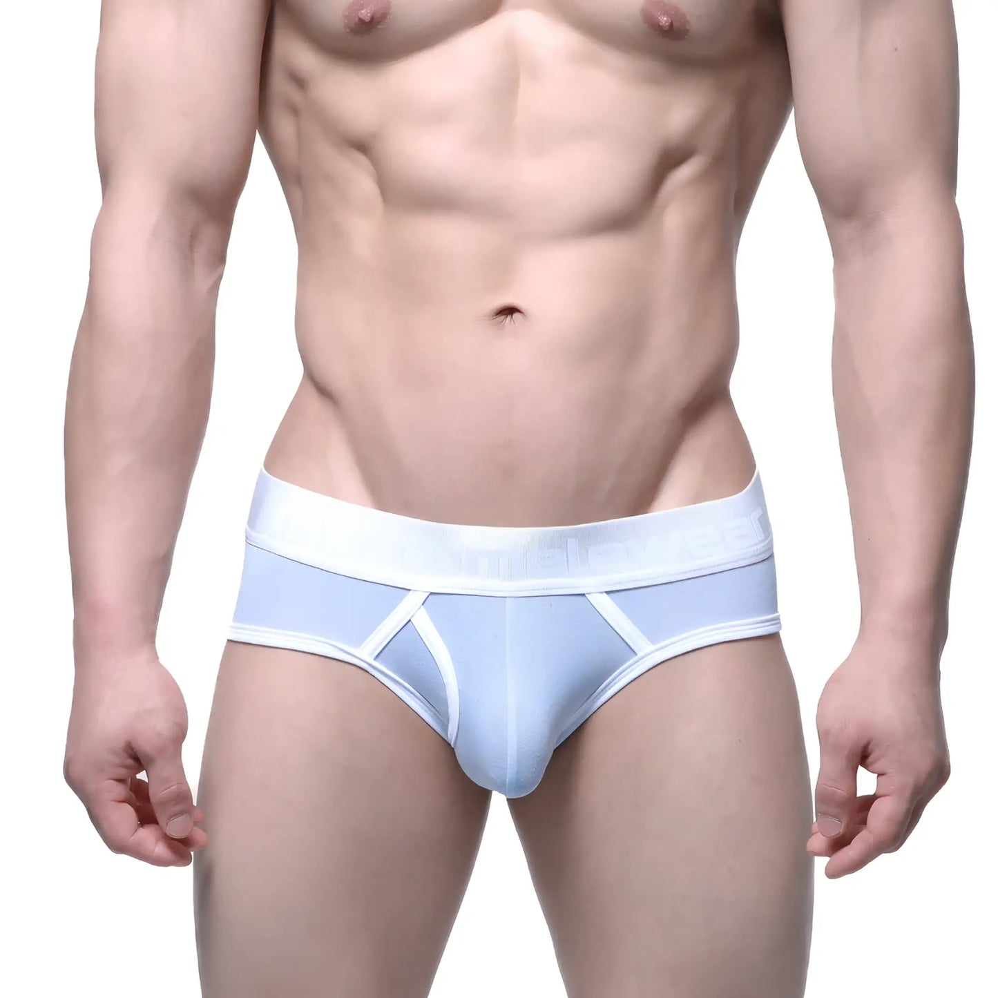 Light blue MetroMaleWear Duke brief men’s underwear with white trim and subtle logo waistband in soft fabric