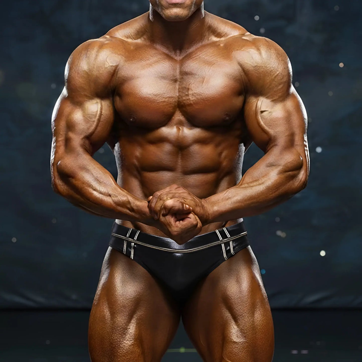A muscular man wearing black form-fitting MetroMaleWear Duque swim brief with silver trim from the front view