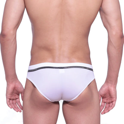 MetroMaleWear Duque swim brief white features white briefs with a black elastic waistband and subtle glittery detailing