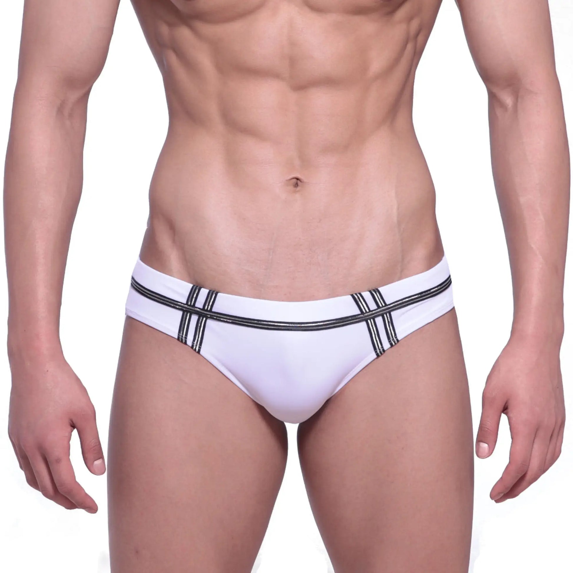 MetroMaleWear Duque swim brief in white with black striped detailing for comfortable men’s swimwear