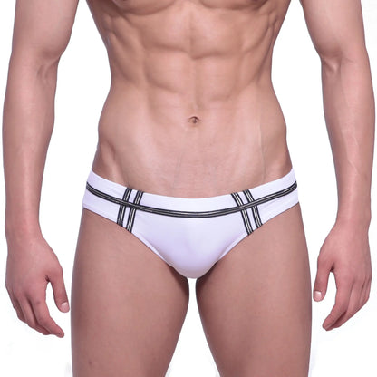 MetroMaleWear Duque swim brief in white with black striped detailing for comfortable men’s swimwear