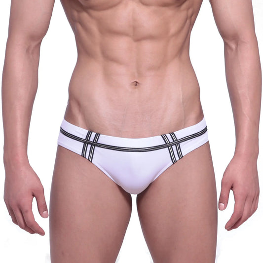 MetroMaleWear Duque swim brief in white with black striped detailing for comfortable men’s swimwear