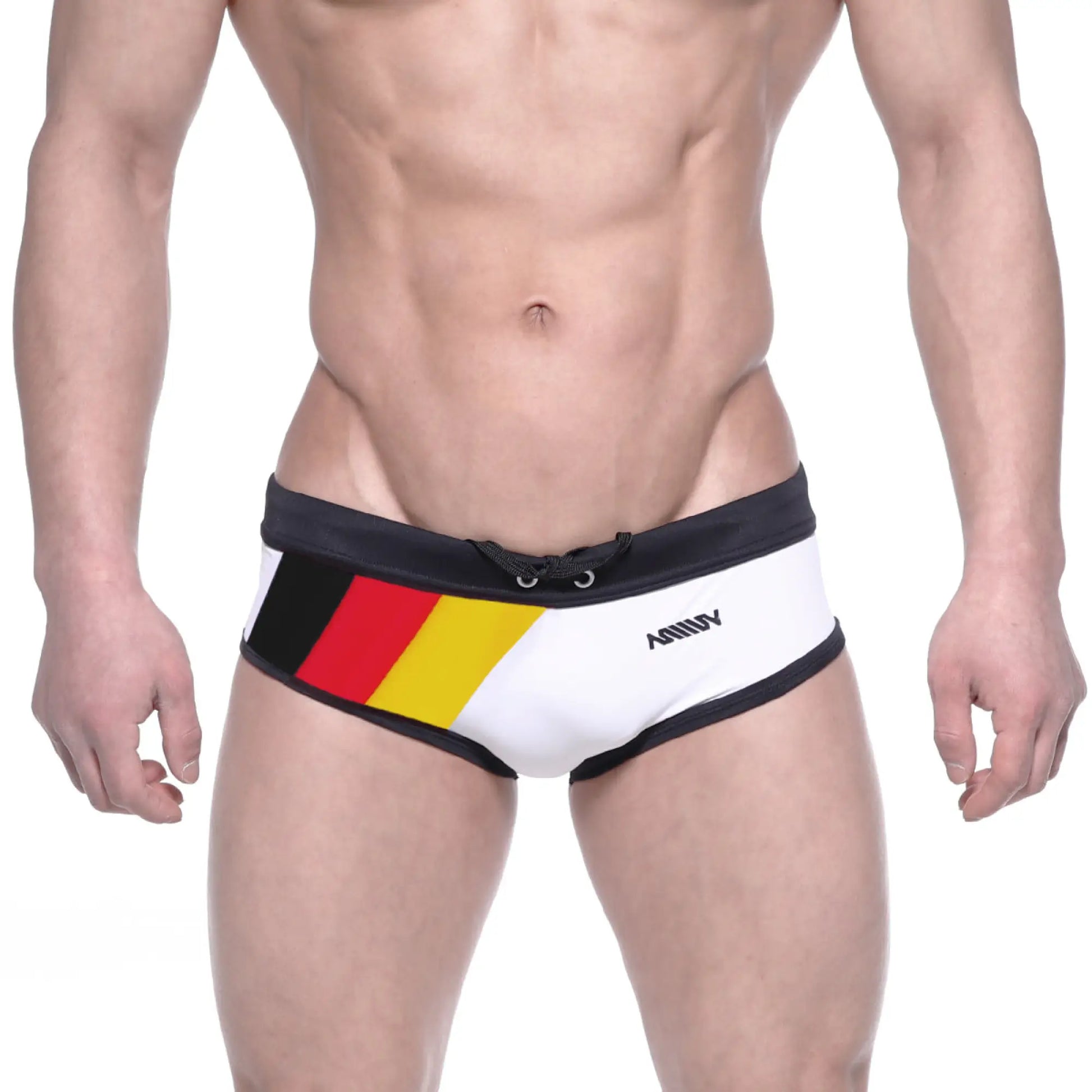 White swim trunks with black trim and a bold german flag design on the side by ammy from metromalewear