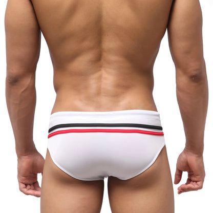 White swim trunks with a black and red striped waistband from MetroMaleWear Eagle Swim Brief 4948-01