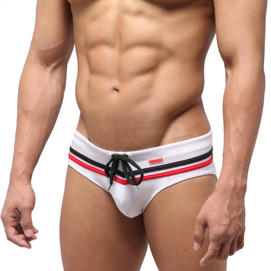 MetroMaleWear Eagle swim brief 4948-01 white swim trunks with black and red striped accents and a drawstring waistband