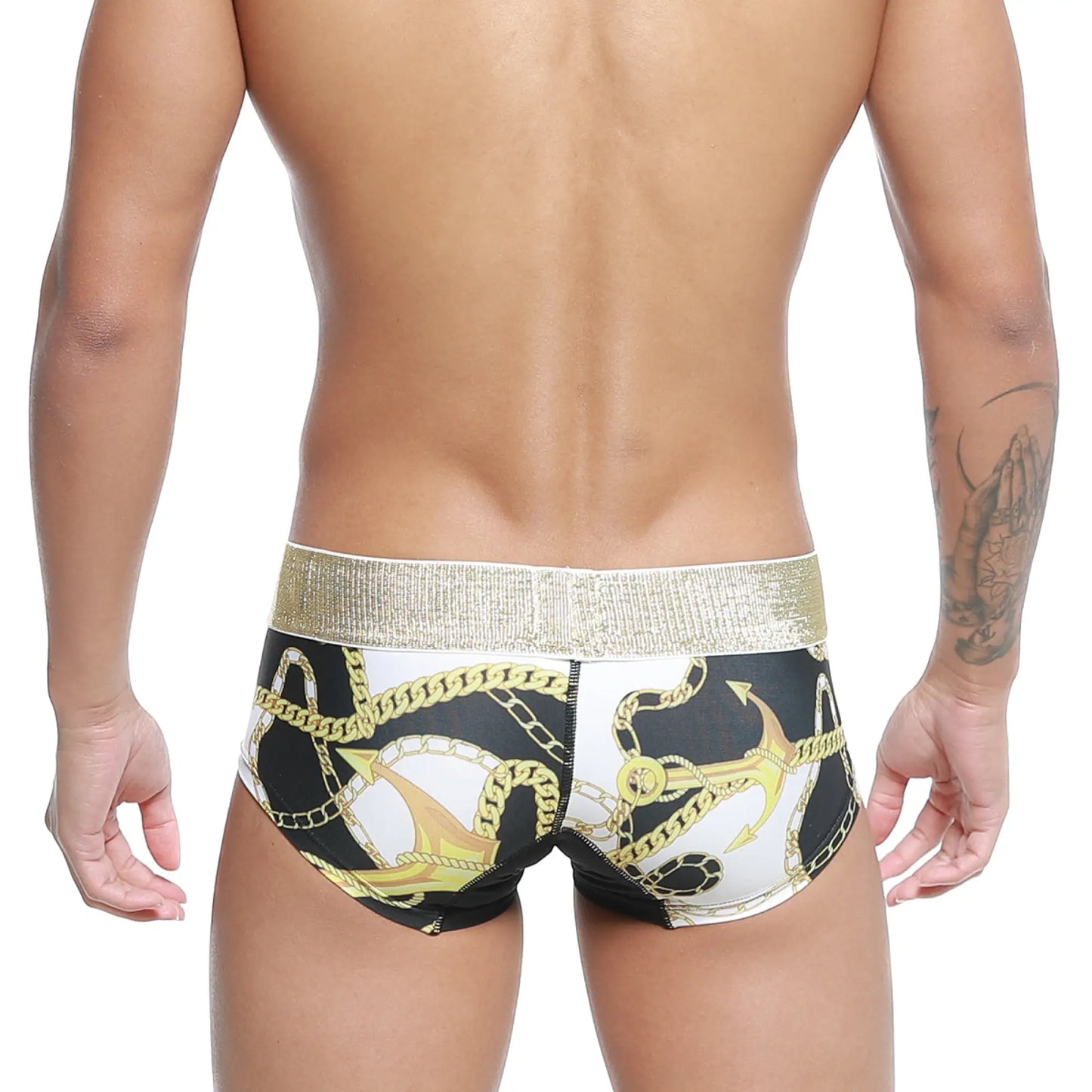 MetroMalewear egyptian trunk 7013-99 black and white swim trunks with gold anchor and chain pattern and metallic waistband