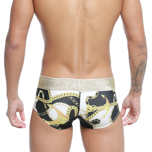 MetroMalewear egyptian trunk 7013-99 black and white swim trunks with gold anchor and chain pattern and metallic waistband
