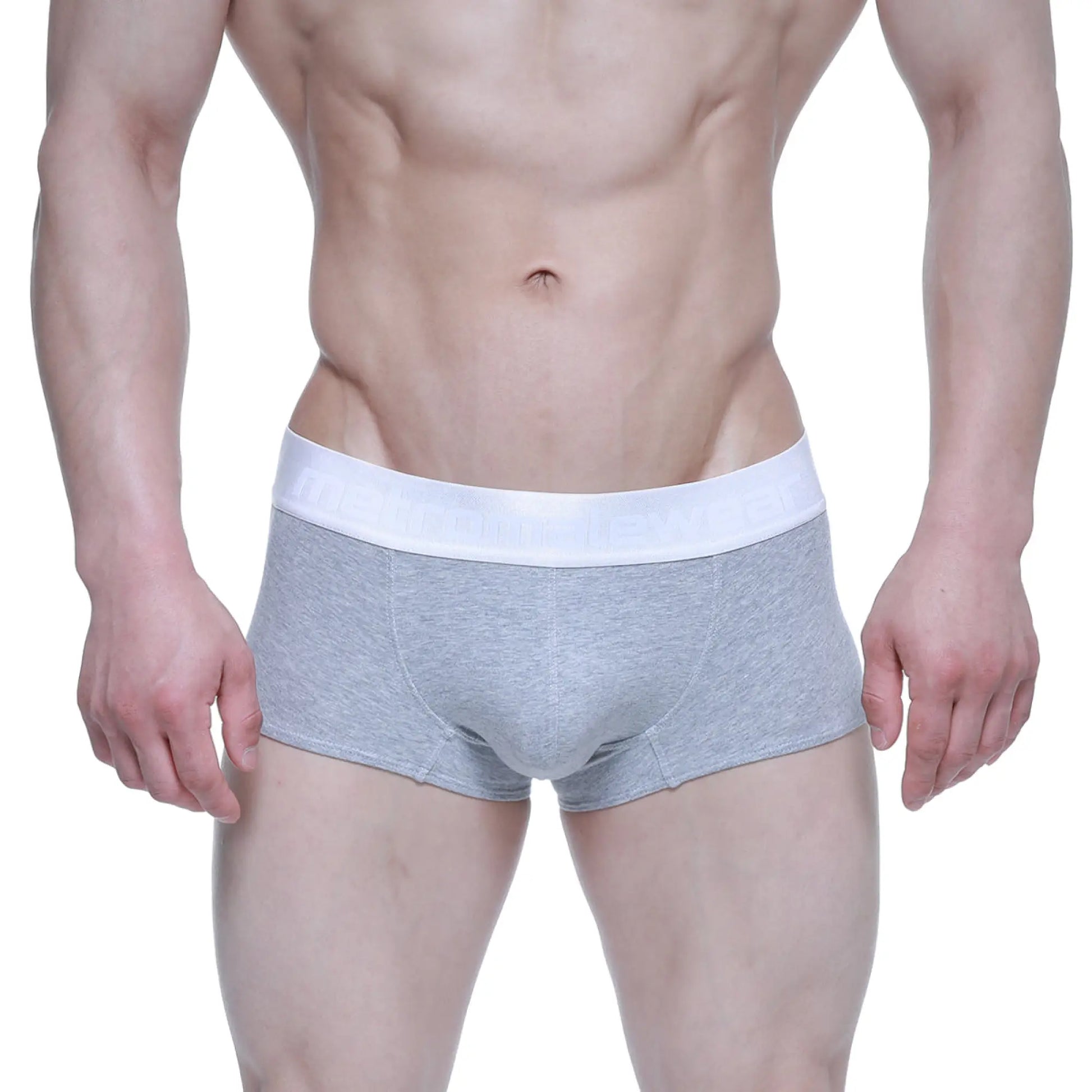 Gray heathered MetroMaleWear elemental boxer briefs with contrasting white elastic waistband for comfortable wear