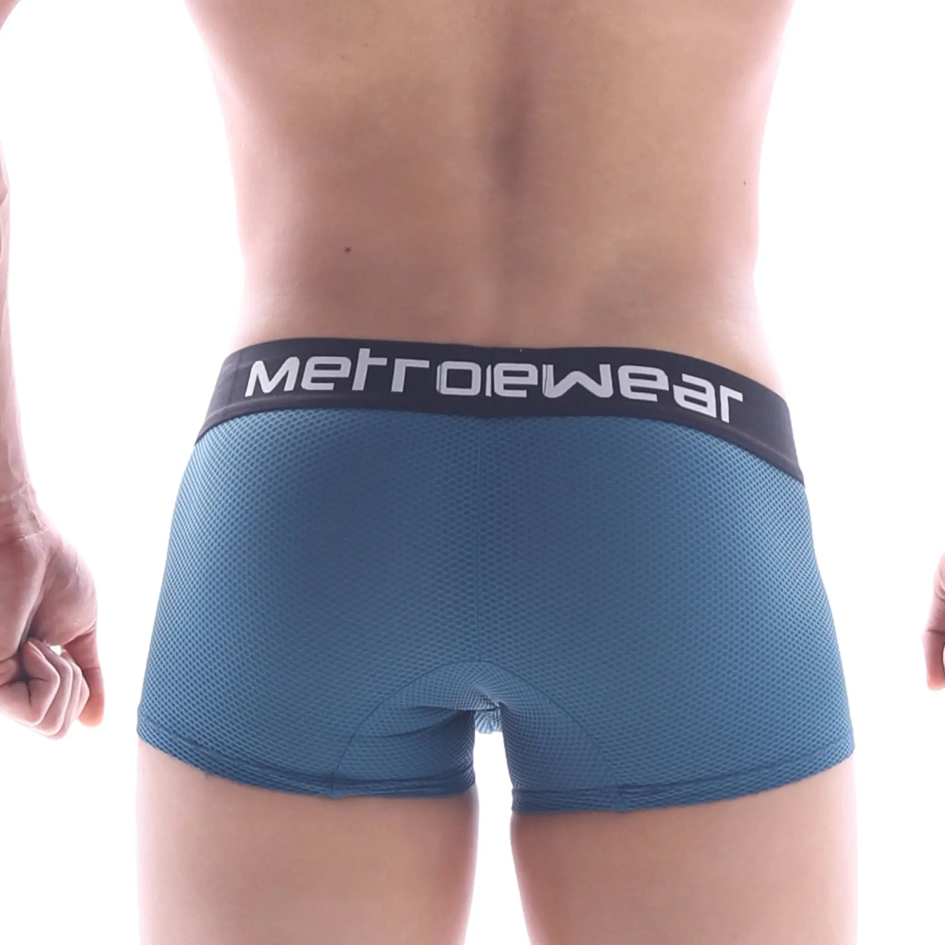 Blue mesh briefs with black metrowear logo waistband part of metromalewear embossing dark green short boxer 7 inch 2022 27 collection