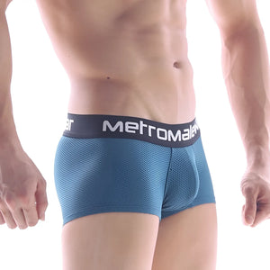 Blue mesh briefs with a black metromale logo waistband from metro malewear embossing dark green short boxer 7 inch 2022 27