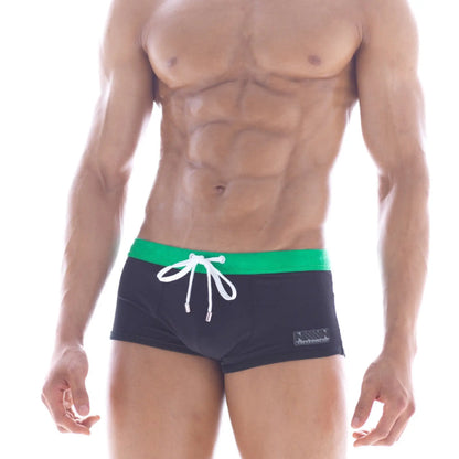 Black swim trunks with vibrant green waistband and white drawstring metro malewear emerald swim boxer 4929-20