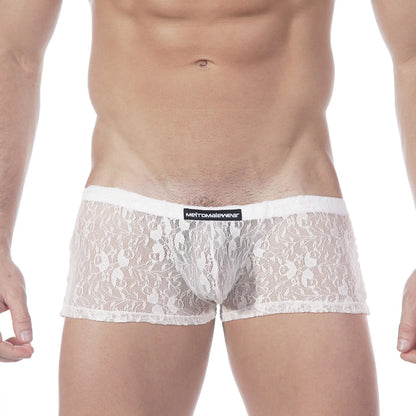 White lace men’s briefs with black brand label on waistband from metromalewear enhancement boxer lace nude 2043-71 collection
