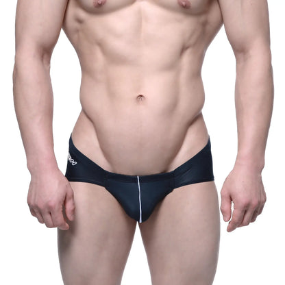 Black swim trunks with a white vertical stripe and logo on the left hip from MetroMaleWear Entropy Bikini Black 1006-21
