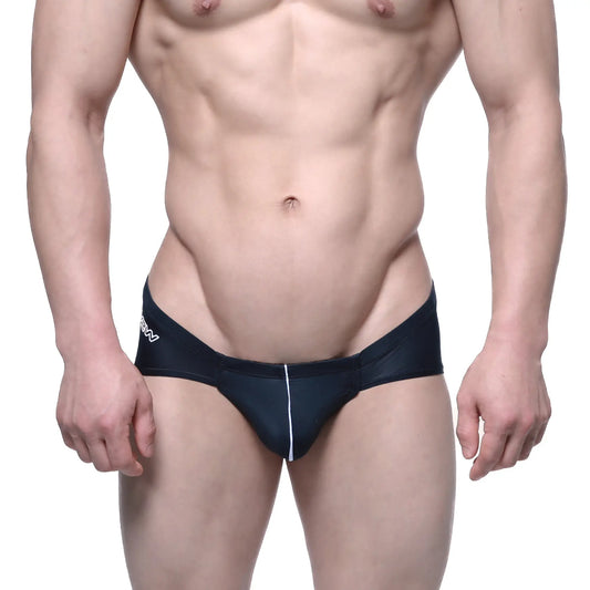 Black swim trunks with a white vertical stripe and logo on the left hip from MetroMaleWear Entropy Bikini Black 1006-21