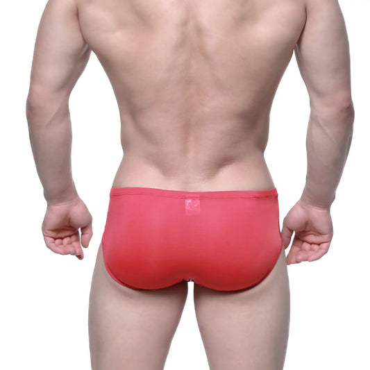 Back view of red metro male wear entropy bikini briefs with smooth fabric and small logo on the waistband
