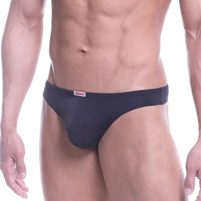 MetroMaleWear Epoca thong black men’s briefs with snug fit and small red logo on waistband front view
