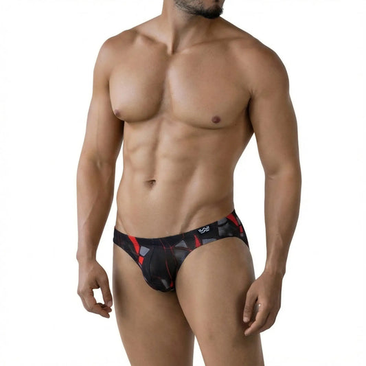 MetroMaleWear Espejo Bikini 5103-M35 black and red geometric patterned men’s briefs with a subtle sheen
