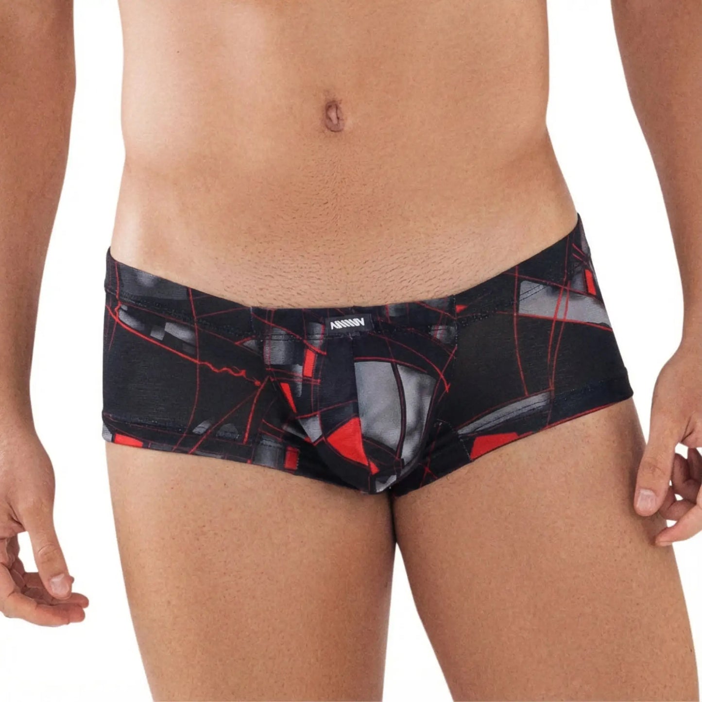 Black and red abstract geometric patterned men’s briefs by anniy metroMalewear espejo trunk 2125-35 front view