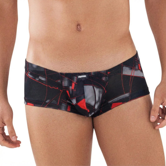 Black and red abstract geometric patterned men’s briefs by anniy metroMalewear espejo trunk 2125-35 front view