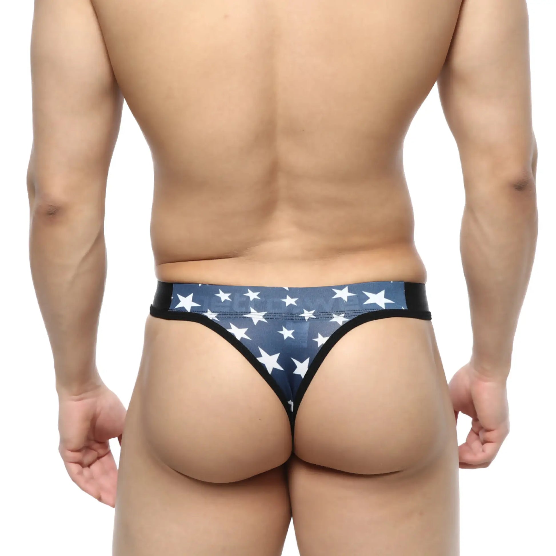 MetroMaleWear Estella thong 2502-91 in blue and white star pattern with black trim showing front view