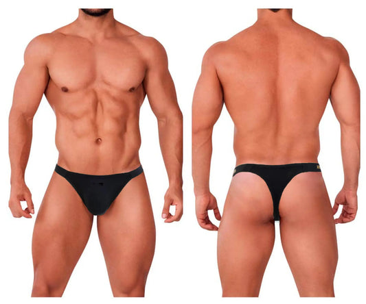 Black thong briefs by MetroMaleWear Estrema with sleek minimalist design and subtle branding on waistband in black