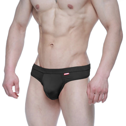 Black athletic briefs metroMaleWear eterna thong with a red logo on the waistband front view