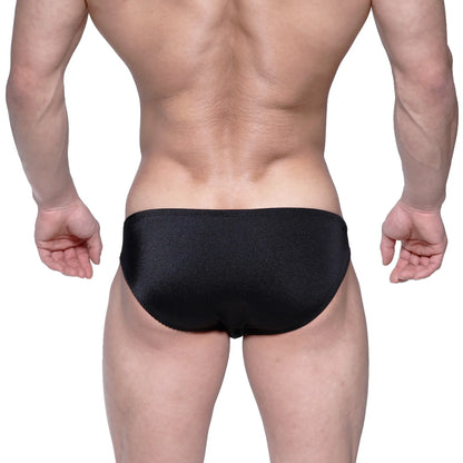 Black sleek swim trunks with subtle textured finish by MetroMaleWear Eureka Bikini model 5223-20