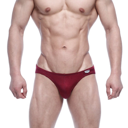 Red metro malewear eureka bikini briefs with snug fit and small white logo on waistband wine color