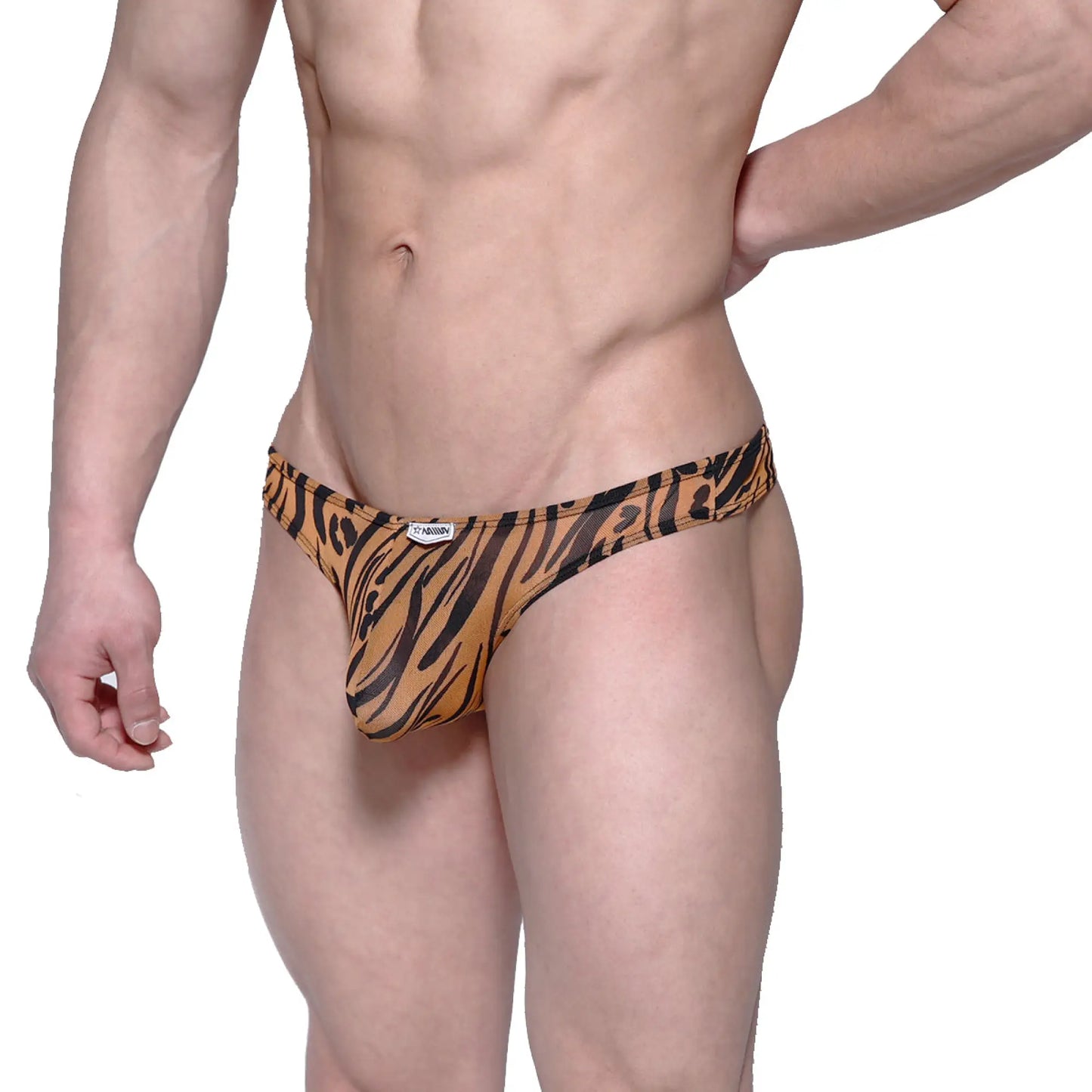 Orange and black tiger-striped men’s thong with snug form-fitting design metro male wear eureka thong animal gold 1322-75