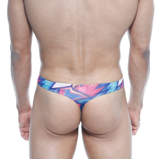 Vibrant graffiti-style printed MetroMaleWear Eureka thong in bold blue pink and white hues