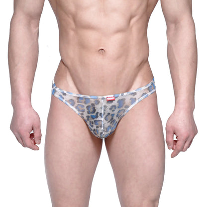 MetroMaleWear Eureka thong leopard blue mesh briefs in blue and gray leopard print showing front view