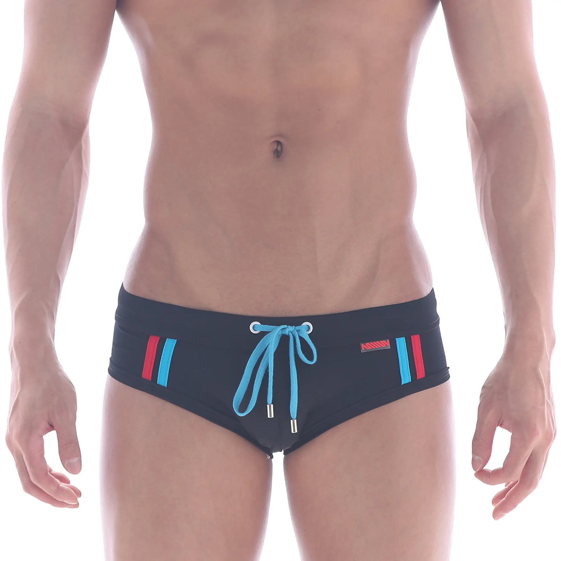 MetroMaleWear Europa swim brief black with vibrant blue and red side stripes and matching light blue drawstring bow