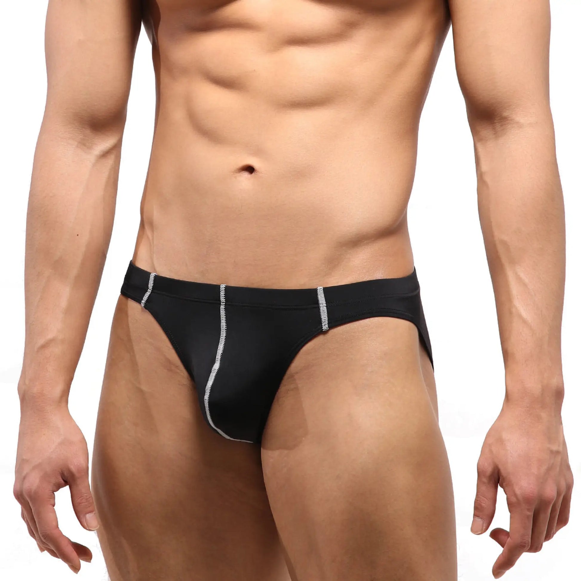 Black metroMalewear european hip brief 5007-20 featuring silver stitching on waistband and leg openings