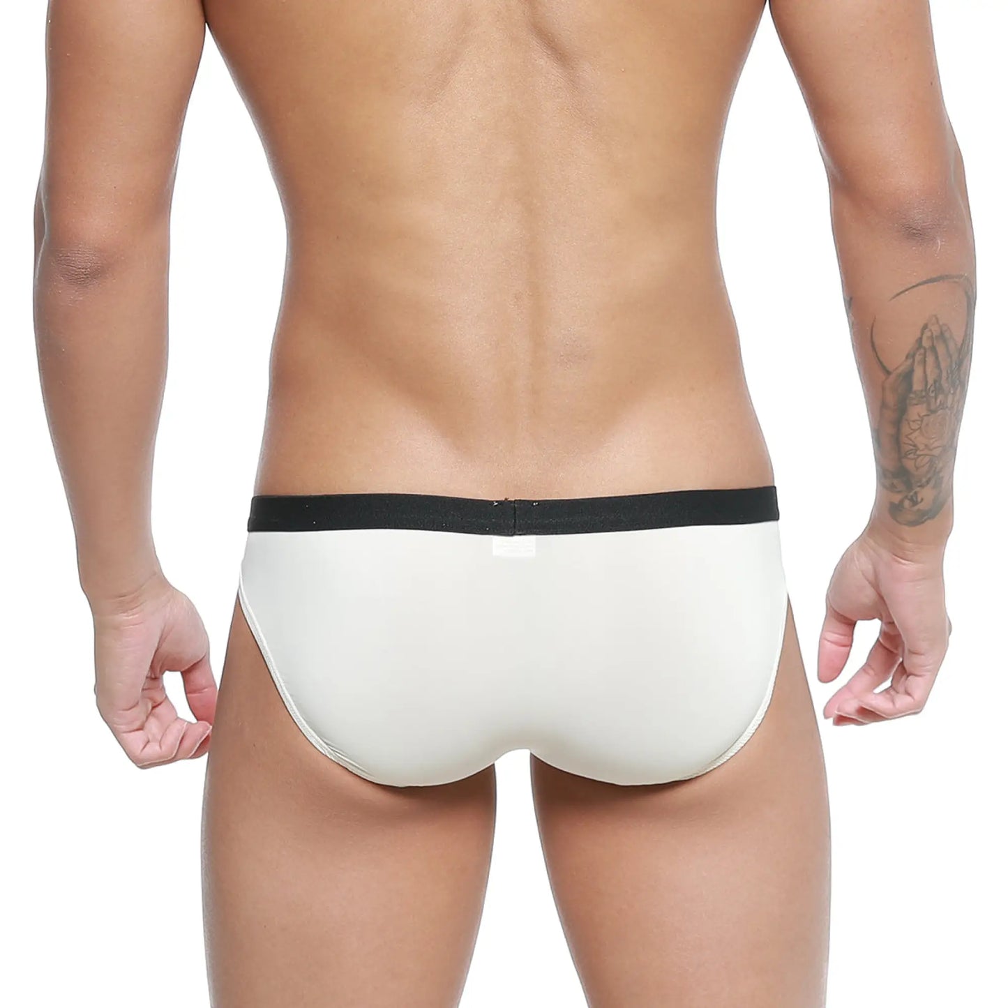 Cream-colored latex MetroMaleWear expose brief nude 2207-01 with black elastic waistband for comfortable wear