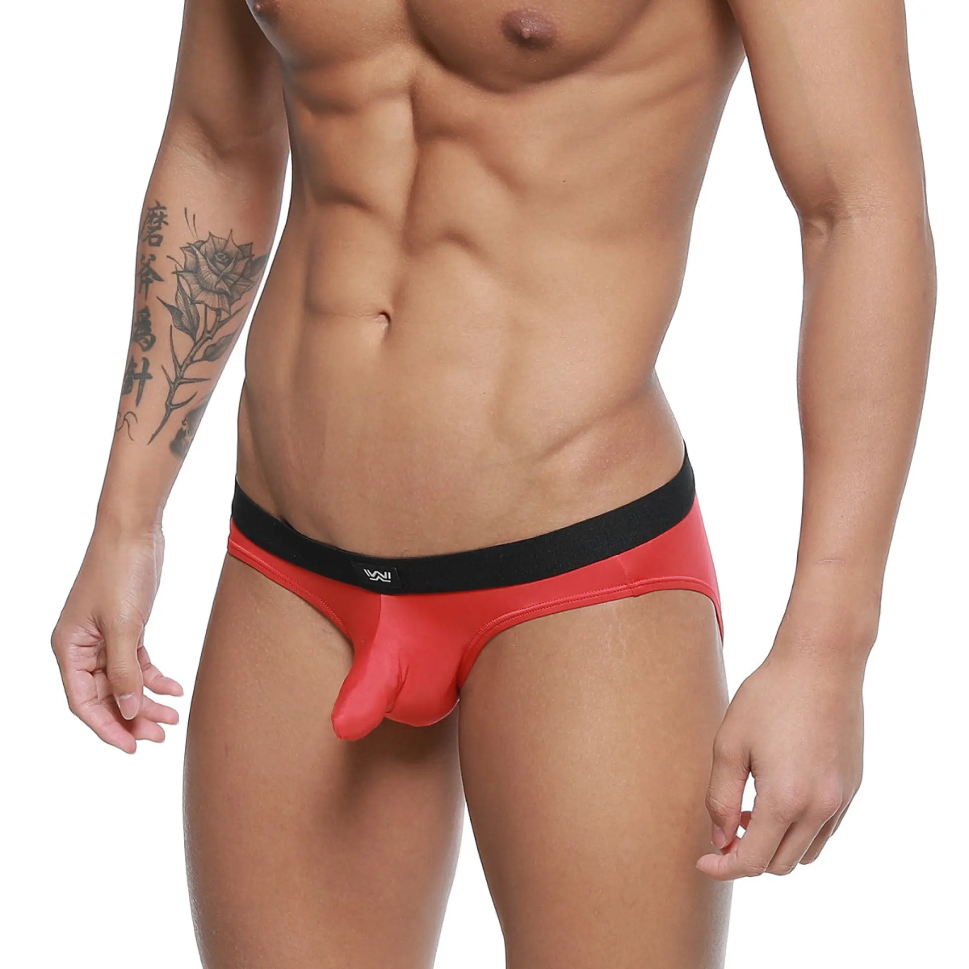 Red men’s briefs metro male wear expose brief red 2207-12 with black waistband featuring wni logo front view