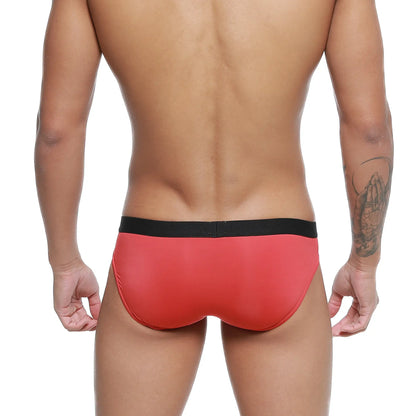 Metro male wear expose brief red swim trunks with black waistband designed for comfortable beachwear use