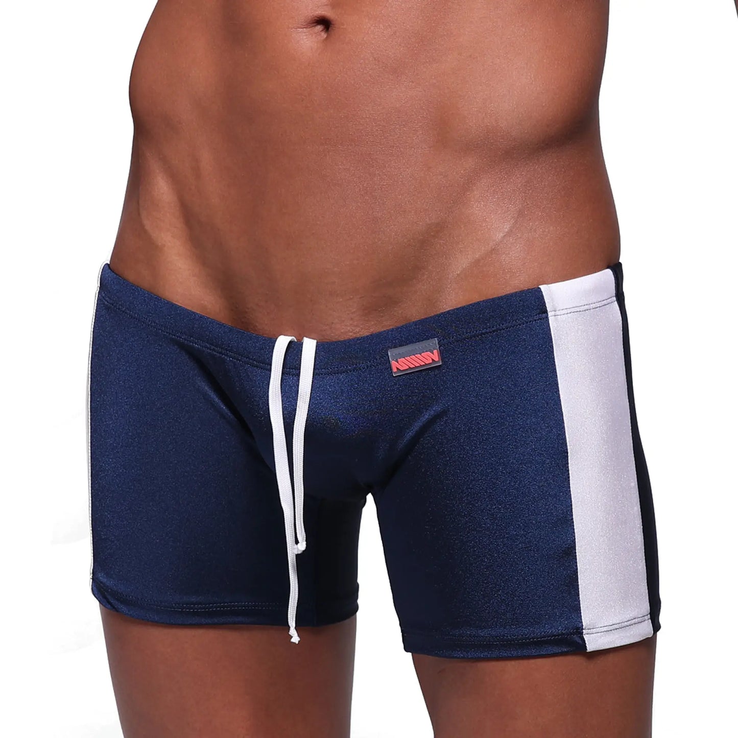 Navy blue MetroMaleWear Extreme Square swim trunks with white side stripes and matching drawstring waistband