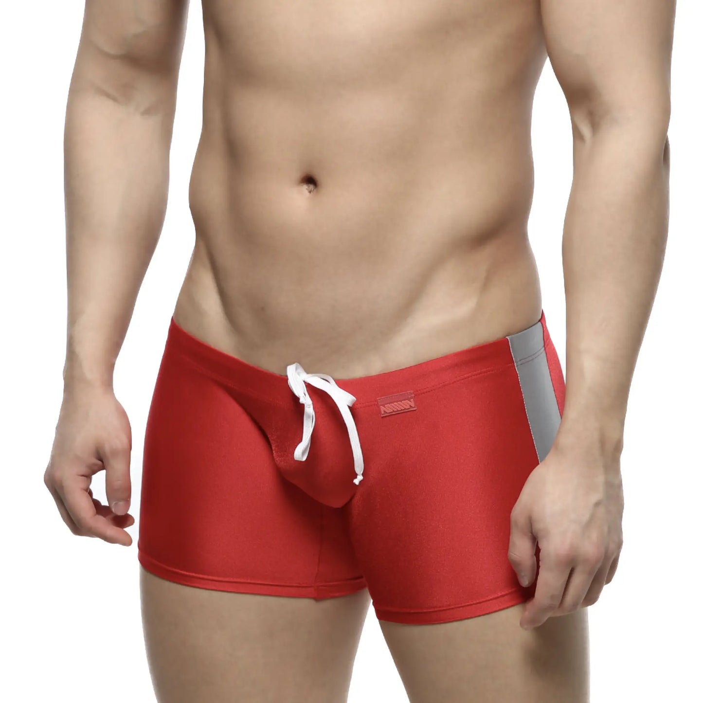 Metro male wear extreme square red swim trunks with gray side panel and white drawstring for swimming activities