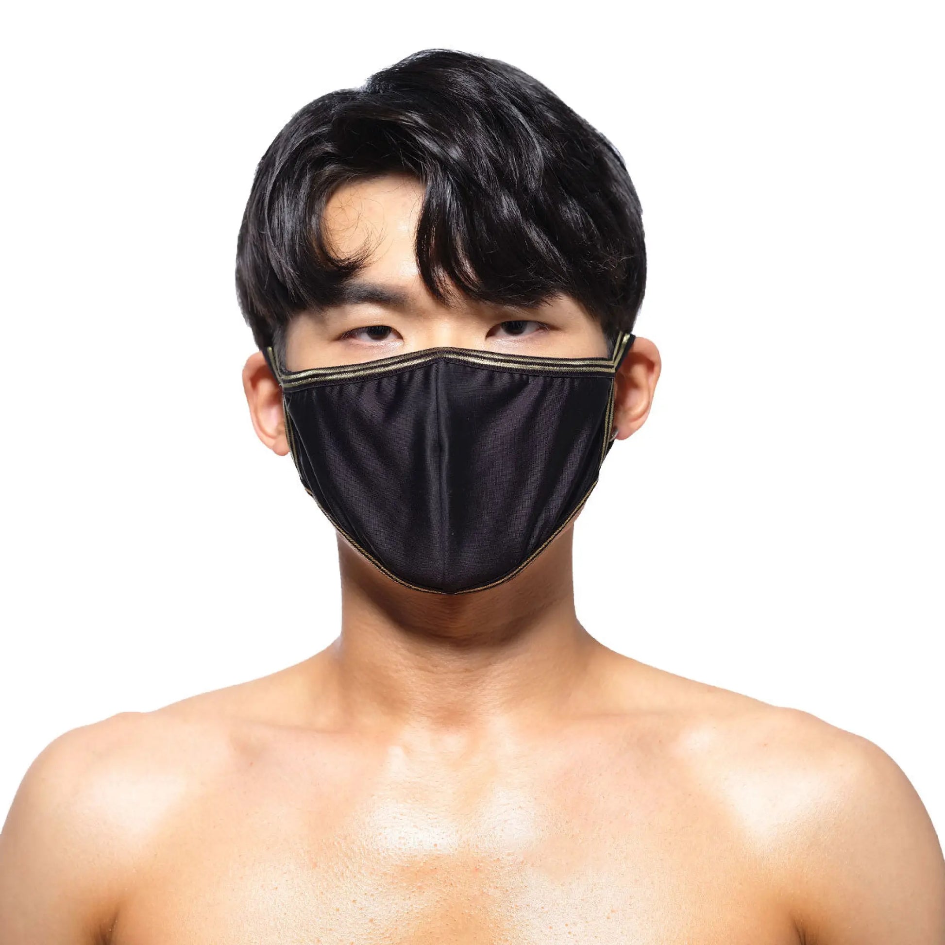 MetroMaleWear face mask black 0111-20 with gold trim featuring a stylish breathable fabric design