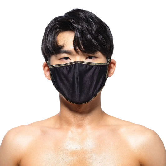 MetroMaleWear face mask black 0111-20 with gold trim featuring a stylish breathable fabric design